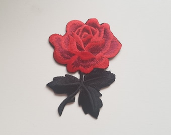 Embroidered Rose Patch/Applique - Crimson - 5.5cm x 8cm - Iron-on or Sew-on - UK Dispatch + FREE UK Postage