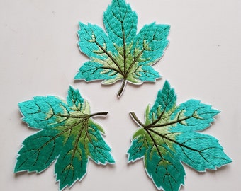 3 x Embroidered Leaf Patch - Colour: Aqua - 7cm x 7cm aprox. - Iron-on or Sew-on - UK Dispatch + Free UK Postage