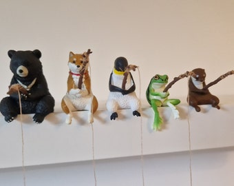 Miniature Fishing Animal Figurines - Approx. 3-4cm Tall - Frog, Shiba Inu, Bear, Penguin, Otter - Beautifully Detailed