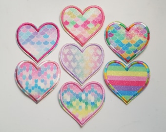 Embroidered Rainbow Pastel Glitter Heart Patches - Seven Styles Available - 6.5 x 6cm approx - Iron-on or Sew-on