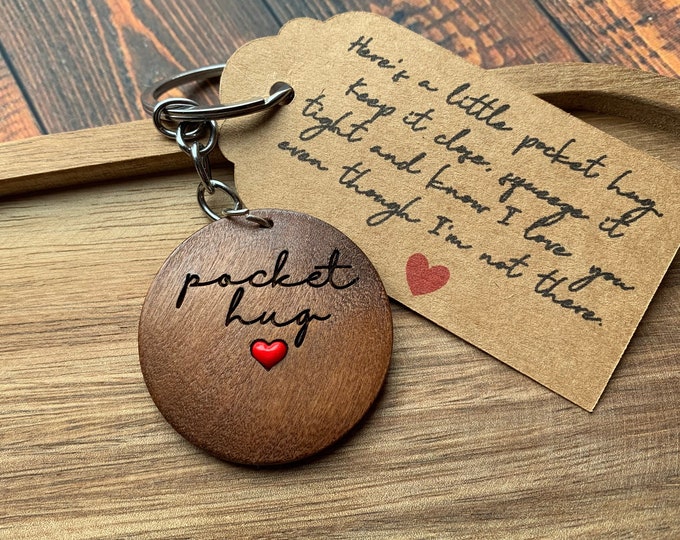 pocket hug engraved wooden keyring keychain with cute little heart keepsake  thoughtful gift any occasion birthday positive stocking filler