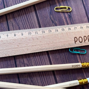 set of 12 24 personalised engraved long wooden colouring pencils stationery party bag filler back to school ruler children kids HB sharpener 画像 12