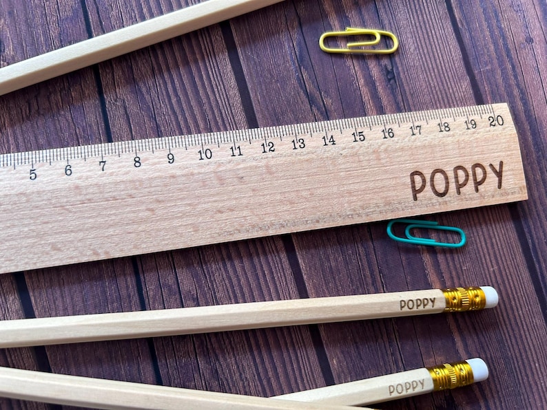 set of 12 24 personalised engraved long wooden colouring pencils stationery party bag filler back to school ruler children kids HB sharpener 画像 12