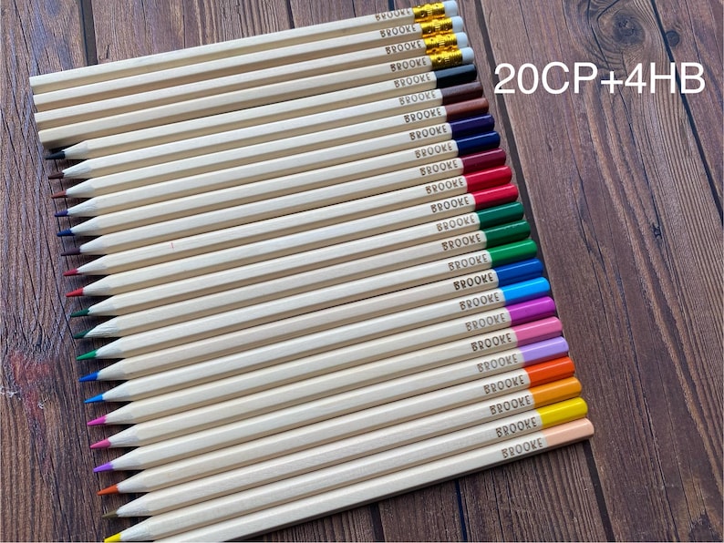 set of 12 24 personalised engraved long wooden colouring pencils stationery party bag filler back to school ruler children kids HB sharpener 20 CP + 4HB
