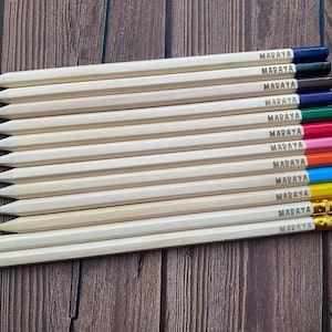 set of 12 24 personalised engraved long wooden colouring pencils stationery party bag filler back to school ruler children kids HB sharpener 10 colouring + 2HB