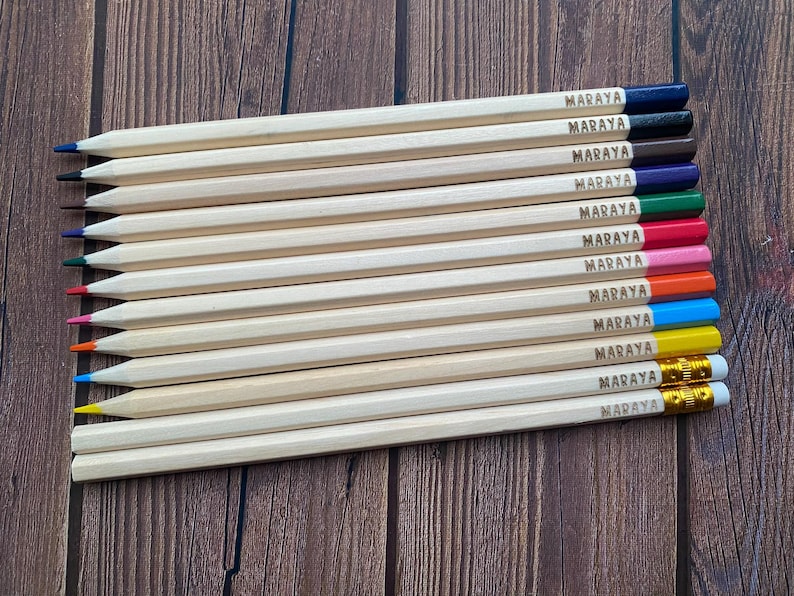 set of 12 24 personalised engraved long wooden colouring pencils stationery party bag filler back to school ruler children kids HB sharpener 10 colouring + 2HB