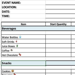 May include: A printable checklist for planning a party. The checklist includes sections for beverages, snacks, and party essentials. Each section lists items with checkboxes next to them.