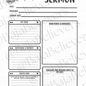 Può includere: Una pagina di appunti per sermoni stampabile con un design floreale in alto. La pagina è divisa in sezioni per la data, il predicatore, il titolo del sermone, il versetto chiave, i punti principali e le riflessioni, le riflessioni e i pensieri, la guida alla preghiera e come questo messaggio si applica alla mia vita.