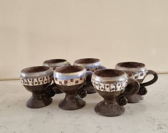 Ceramic  ethnic desine wine glasses,Brown color, Mothers day gift,Vintage wine glasses, Handmade wine glases, Set of 6, Handbuild made