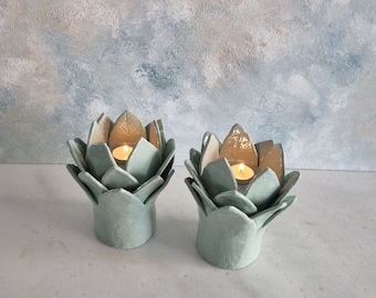 Ceramic candle holders,Green candle holders,Cylinder candle holders,Leaf decorated candle holder,Unique gift,Mom gift, Home decor,set of 2