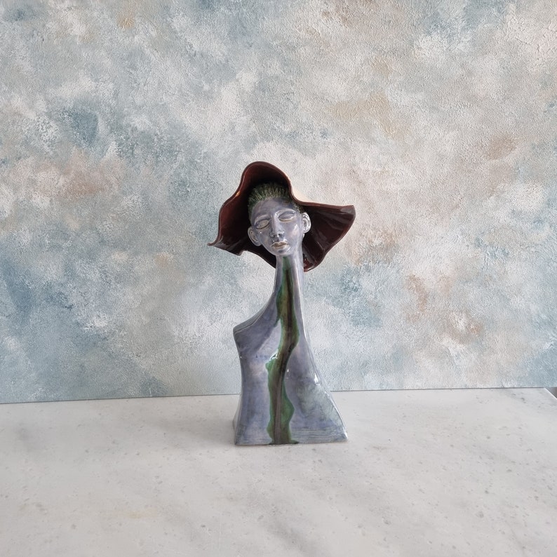 Ceramic sculpture, Woman sculpture, Handmade woman sculpture,Modern ceramic, Woman with hat,Unique design, Unique gift,Home decor image 2