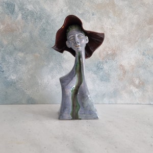 Ceramic sculpture, Woman sculpture, Handmade woman sculpture,Modern ceramic, Woman with hat,Unique design, Unique gift,Home decor image 4