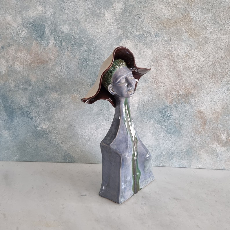 Ceramic sculpture, Woman sculpture, Handmade woman sculpture,Modern ceramic, Woman with hat,Unique design, Unique gift,Home decor image 8