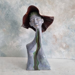 Ceramic sculpture, Woman sculpture, Handmade woman sculpture,Modern ceramic, Woman with hat,Unique design, Unique gift,Home decor image 3