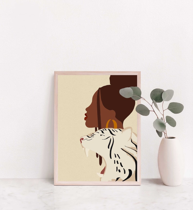 Astratto tigre tigre stampa digitale, astratto geometrico ragazza animale stampabile arte, minimalista chic wall art, Black girl art disegno natura immagine 2