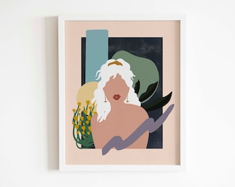 Geometric girl art, modern abstract female wall art, white hair girl, printable art, feminist modern art decor, plant art, instant download