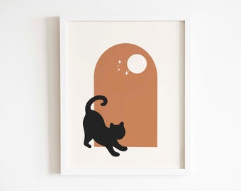 Cat digital print, moon art, moon and stars minimalist art, nature art decor, cat lover, animal print, abstract cat wall, instant download