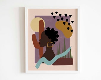 Geometric girl art, modern abstract female wall art, black girl art, printable art, feminist modern art decor, plant art, instant download