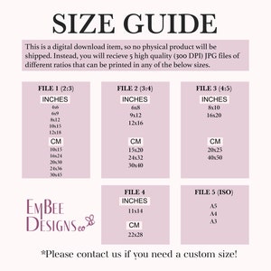 Pu&ograve; includere: Una guida alle dimensioni per i download digitali, che mostra diverse dimensioni di file in pollici e centimetri. La guida include cinque dimensioni di file: 2:3, 3:4, 4:5, 11x14 e ISO. Il testo "Contattaci se hai bisogno di una dimensione personalizzata!" si trova in fondo alla guida.