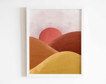 Sunrise art, sunset wall art, landscape digital print, boho art decor, modern abstract printable art, neutral art, hills art piece