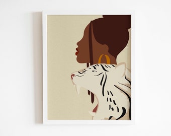 Abstract female tiger digital print, abstract geometric girl animal printable art, minimalist chic wall art, Black girl art nature drawing