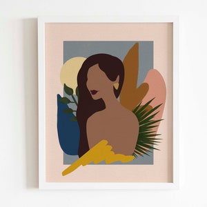 Arte geometrica ragazza, moderna arte della parete femminile astratta, pelle marrone ragazza arte stampabile, decorazioni femministe d'arte moderna, arte vegetale, download istantaneo