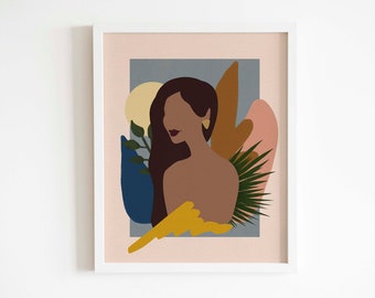 Geometric girl art, modern abstract female wall art, brown skin girl printable art, feminist modern art decor, plant art, instant download