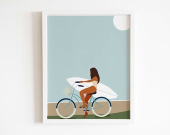 Surfer bike digital print, ocean art, surfer girl bike wall art, summer beach digital print illustration, abstract print instant download