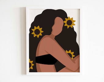 Sunflower girl digital print, abstract flower woman wall art, boho printable art, modern minimalist sunflower female art, instant download