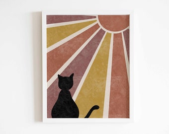 Cat digital print, sun art, sunshine art, neutral art, nature, art decor, cat lover, animal print, cat wall art, sun print, instant download