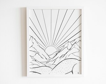 Female body line drawing, body line art, nude digital print, minimalist wall art, figure drawing, nature mountains, instant download, decor