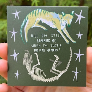 May include: Square card with a green background featuring a yellow and green striped animal illustration above a skeleton. White text reads "WILL YOU STILL REMEMBER ME WHEN I'M JUST A DISTANT MEMORY?" White star illustrations surround the text.