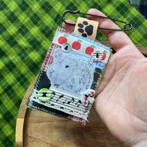 handmade embroidered brooch, kilt pin, textile art, whimsy borzoi apples cute