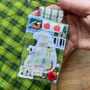 handmade embroidered brooch, kilt pin, textile art, whimsy borzoi apples cute