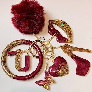 Chunky Gold Glitter /Burgundy Set Personalized Resin Initial Keychain Bracelet Set |Custom Keychain Holder