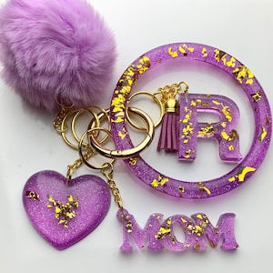 Sparkling Purple with Gold Flakes Personalized Resin Initial Keychain Bracelet Set |Custom Keychain Holder
