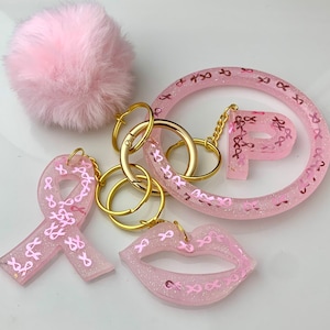 Pink Cancer Awareness Personalized Resin Initial Keychain  SetCustom Keychain Holder
