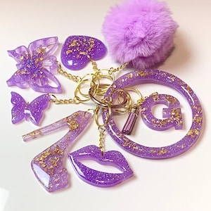 Sparkling Purple/Gold Keychain Set | Personalized Resin Initial Keychain Bracelet Wristlet |Custom Keychain Holder For Women |Keychain Charm