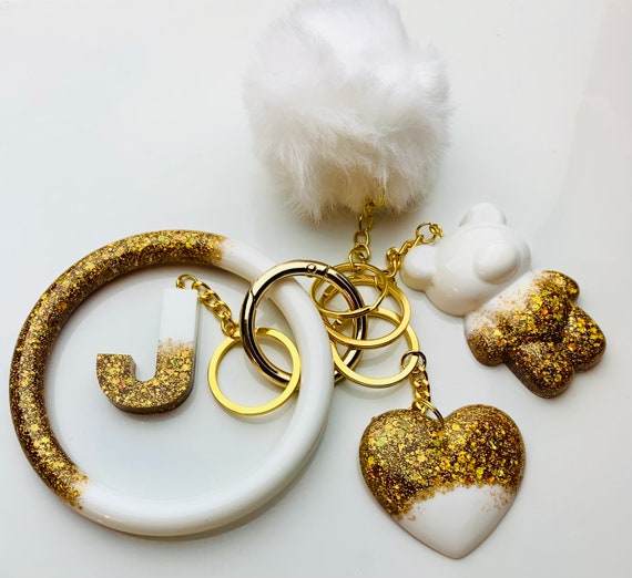 Sparkling Gold White Personalized Resin Initial Keychain SetCustom  Keychain Holder