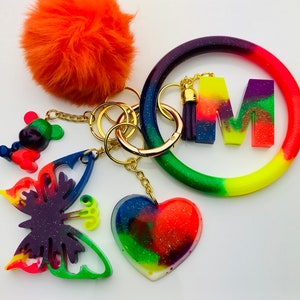 Sparkling Rainbow Personalized Resin Initial Keychain Bracelet SetCustom Keychain Holder