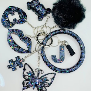 Black Chunky Glitter Personalized Resin Initial Keychain Bracelet Set |Custom Keychain Holder