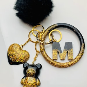 Sparkling Gold & Black Personalized Resin Initial Keychain  SetCustom Keychain Holder