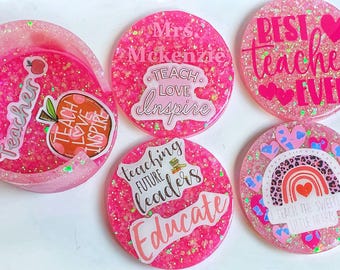 Custom Pink Glitter Teacher Coaster & Holder Set