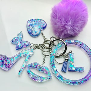 Sparkling Purple/Blue/Silver Personalized Resin Initial Keychain Bracelet Set |Custom Keychain Holder | Custom Keychain