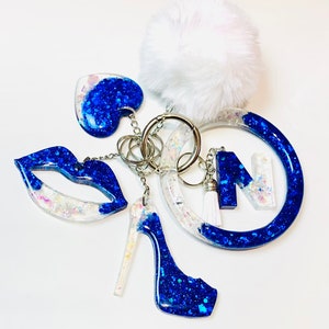 Sparkling Blue/Clear Personalized Resin Initial Keychain Bracelet Set |Custom Keychain Holder | Custom Keychain