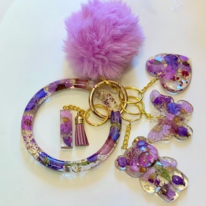 Pink/Purple Floral Blend Personalized Resin Initial Keychain Bracelet Set |Custom Keychain Holder
