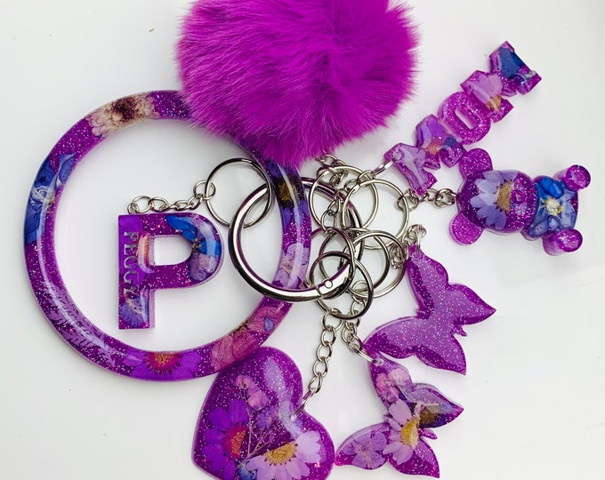 Purple Keyring Sparkling Purple Floral Keychain Bracelet Set Personalized Resin ...