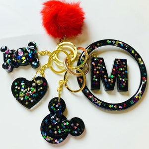 Starry Black Set/Mickey Personalized Resin Initial Keychain Bracelet Set |Custom Keychain Holder