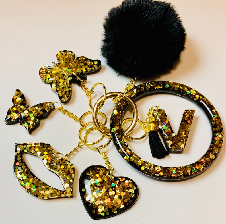 Chunky Gold Glitter/black Personalized Resin Initial Keychain Set ...