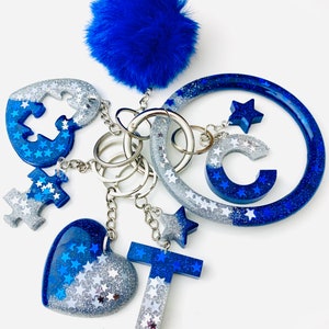 Blue & White Glitter Personalized Resin Initial Keychain  SetCustom Keychain Holder